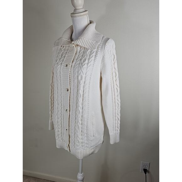 LL. Bean ~Woman Size M~ White Knit Cotton Button-Up Cardigan Sweater Long Sleeve - Picture 15 of 15